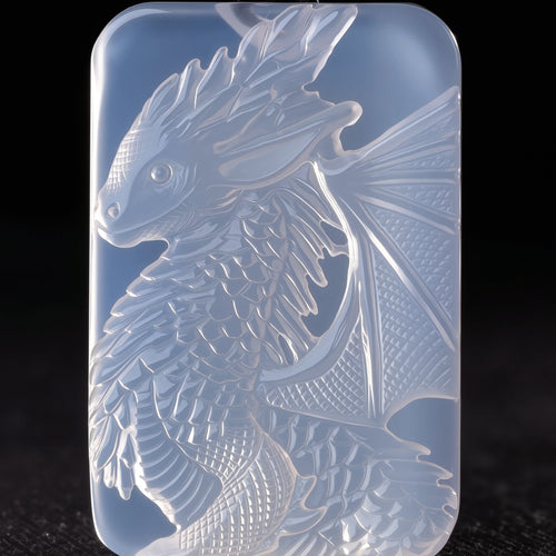 Byakhee Hand-Carved Icy Chalcedony Baby Dragon Pendant Necklace - Translucent White Agate Fantasy Winged Dragon Amulet for Women & Men, Gothic Mystical Jewelry Gift for Dragon Lovers