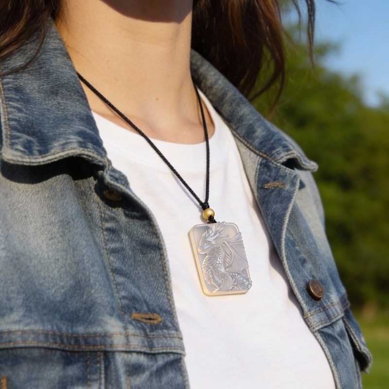 Byakhee Hand-Carved Icy Chalcedony Baby Dragon Pendant Necklace - Translucent White Agate Fantasy Winged Dragon Amulet for Women & Men, Gothic Mystical Jewelry Gift for Dragon Lovers