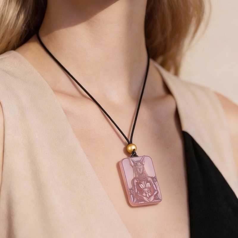 Hand Carved Bastet (Egyptian Cat Goddess) Rose Quartz Pendant | Black Cord Necklace