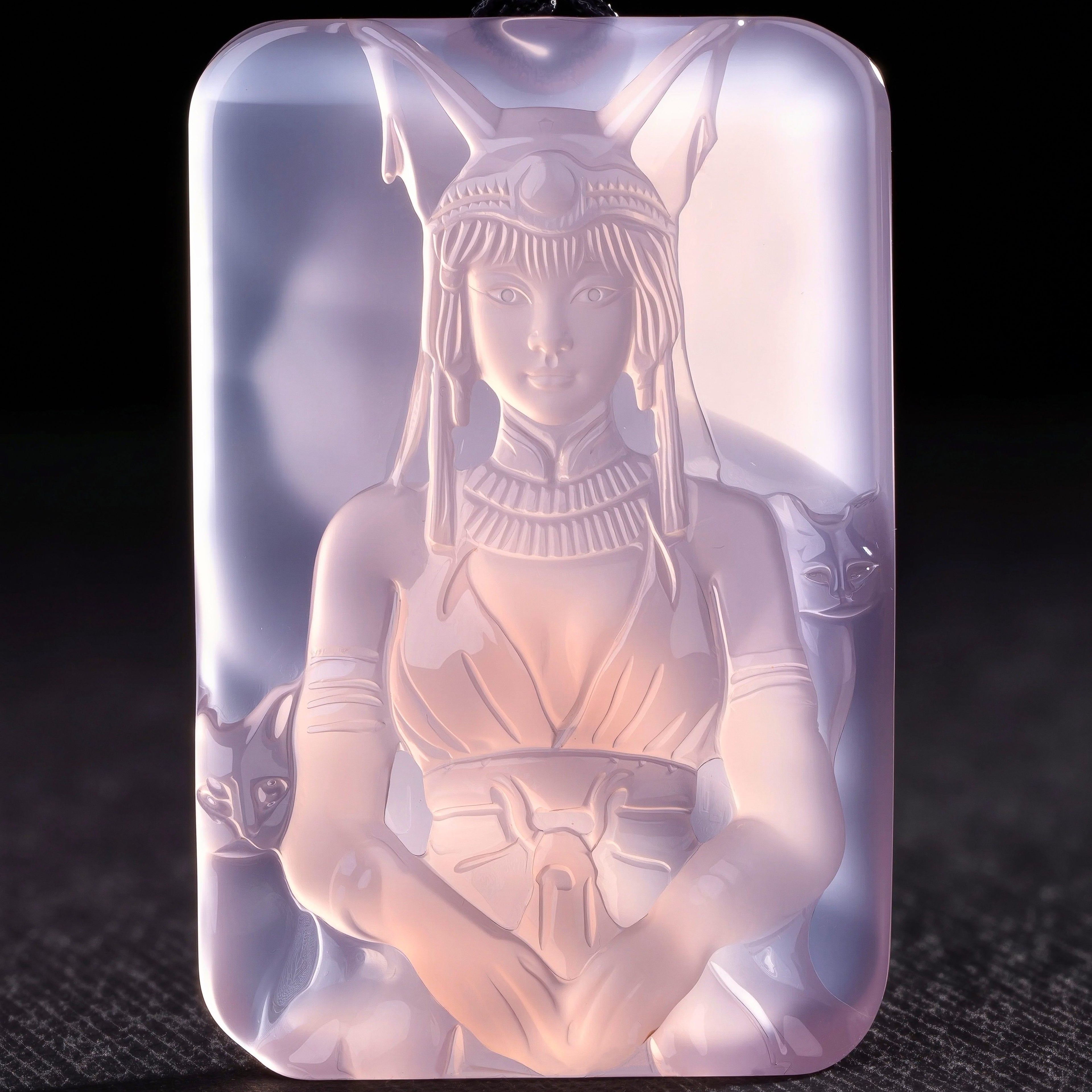 Hand Carved Bastet (Egyptian Cat Goddess) Rose Quartz Pendant | Black Cord Necklace