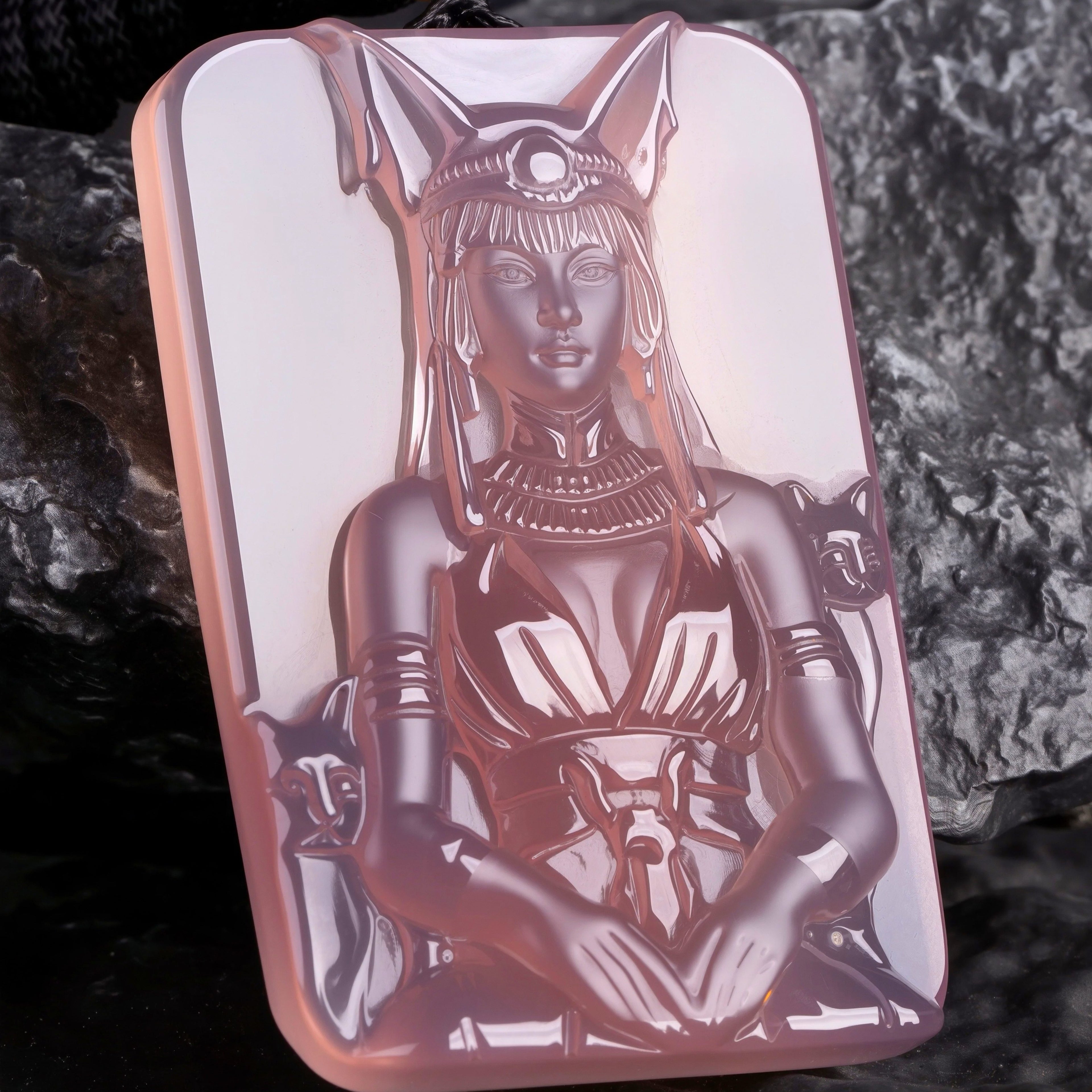 Hand Carved Bastet (Egyptian Cat Goddess) Rose Quartz Pendant | Black Cord Necklace